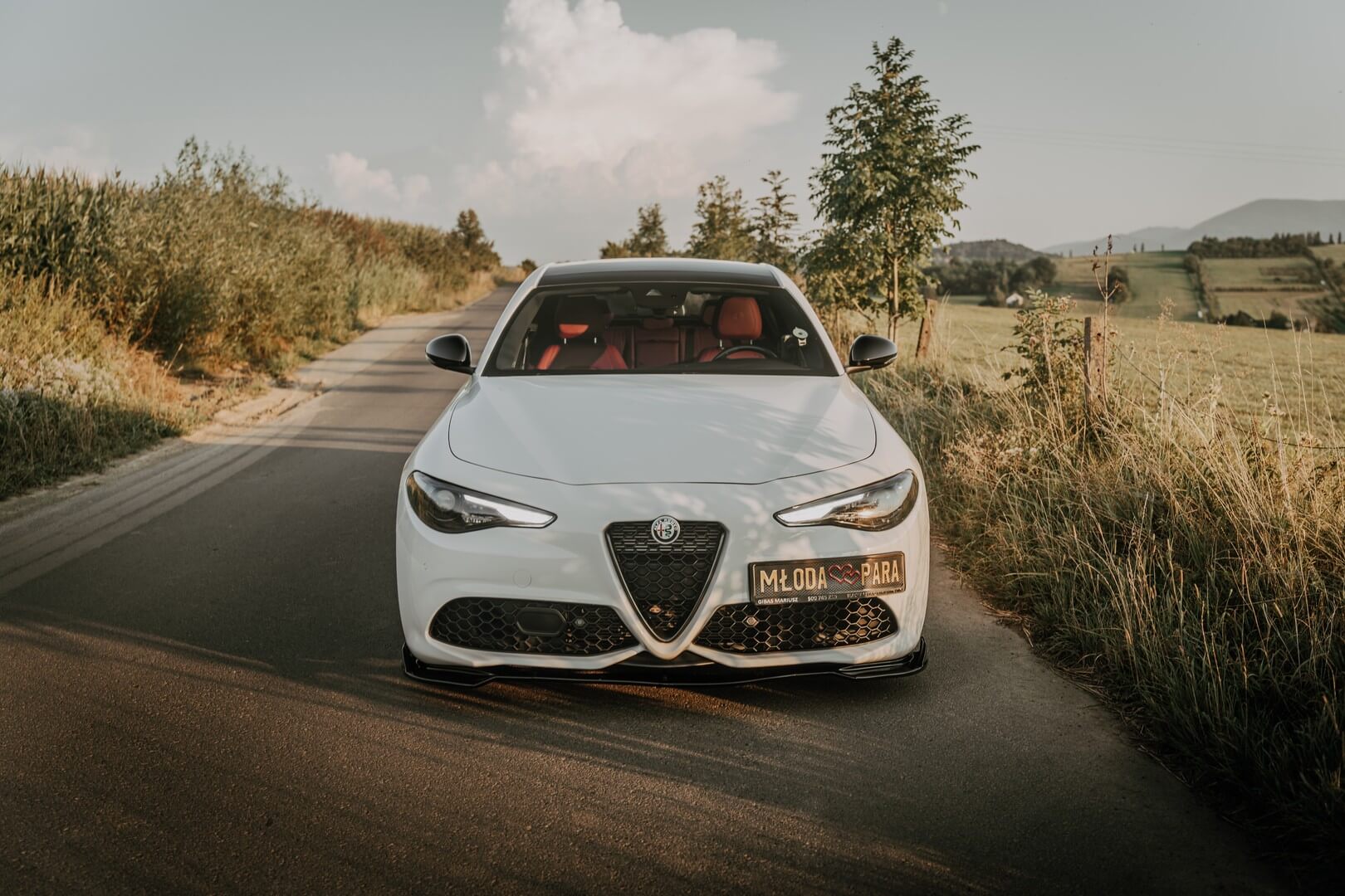 Alfa romeo - zaparkowane auto na trasie, zdjęcie z przodu